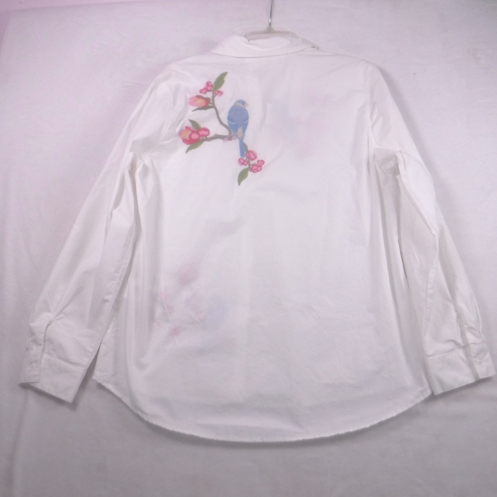 Paparazzi White Embroidered Bluebird Floral Button Down Shirt XL Roll Tab Sleeve - Picture 4 of 10